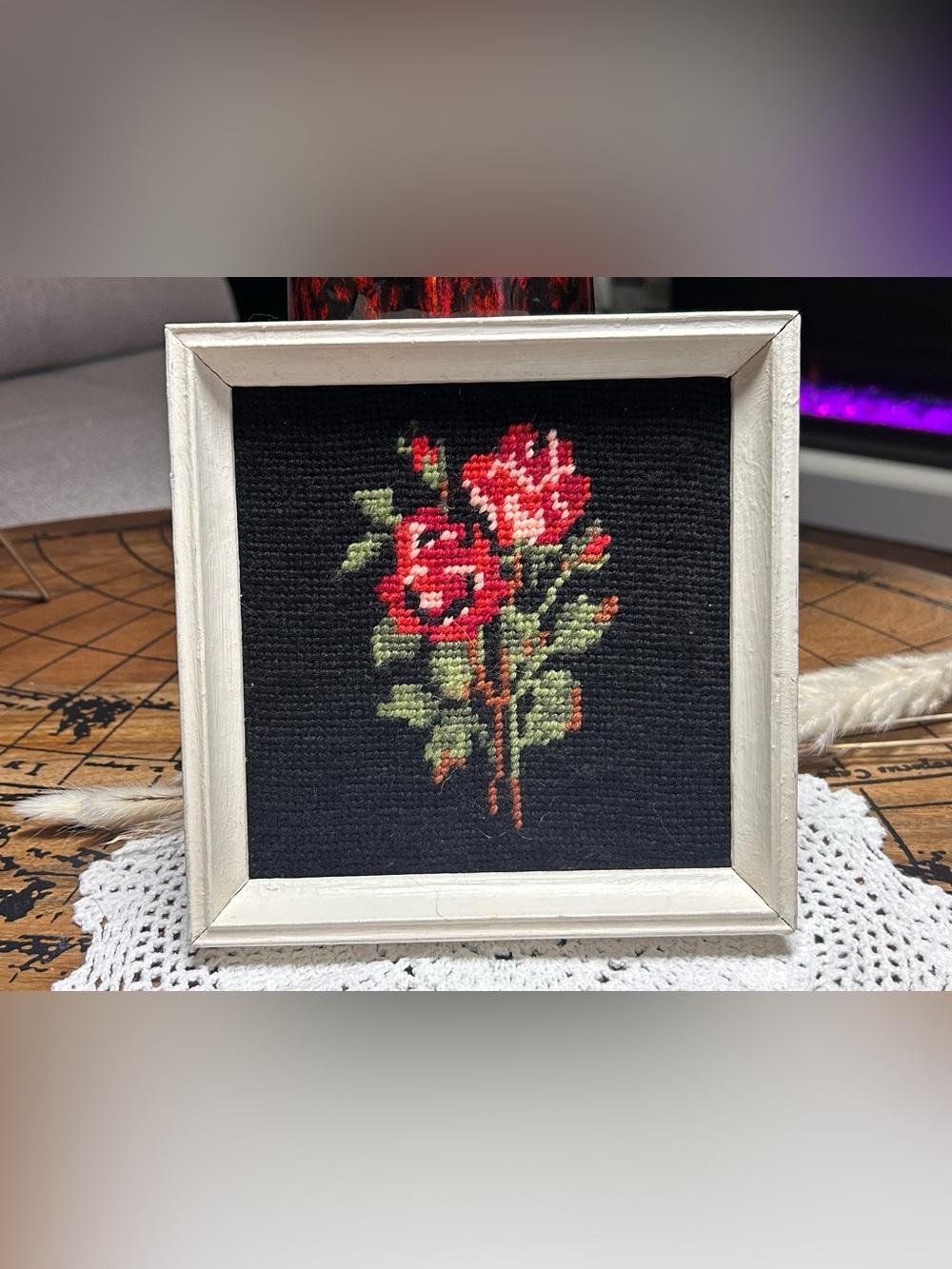 Vintage Needlepoint Rose Wall Art Pair | 7x7 Retro Floral Frames - Picture 2 of 5